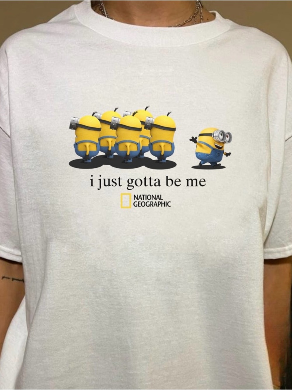 National Geographic White Minions "I Just Gotta Be Me" Graphic Tee